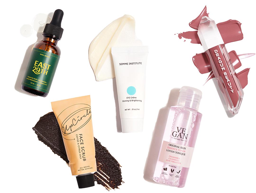Skincare and makeup products in the September 2021 IPSY Glam Bag and Glam Bag Plus from various brands swatched on white background Desktop