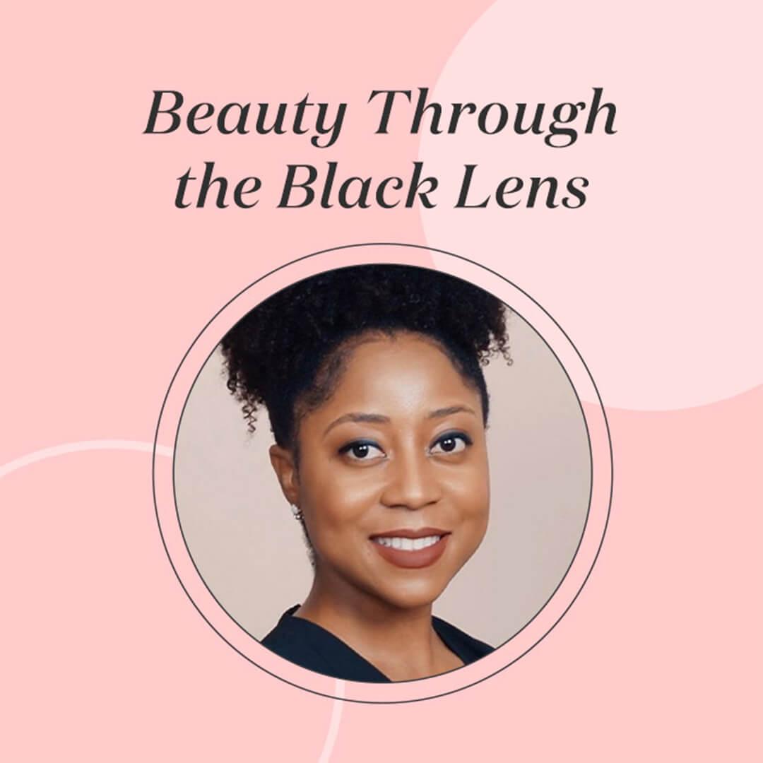 Dr. Adeline Kikam on pink background and Beauty Through the Black Lens text Mobile