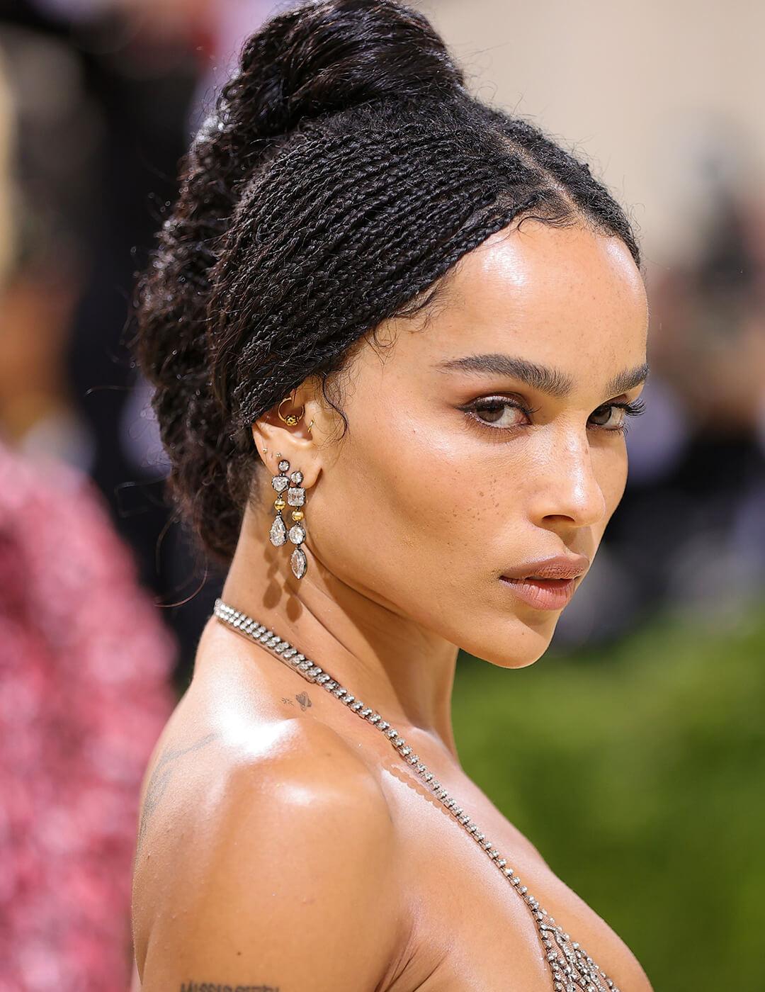Zoë Kravitz rocking a braided updo hairstyle Mobile