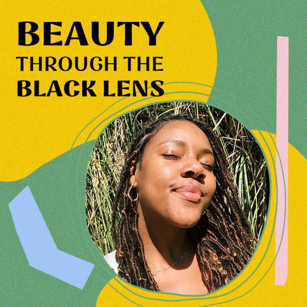 Profile image of Kindra Moné on colorful, graphic frame with black text "Beauty Through the Black Lens" Desktop