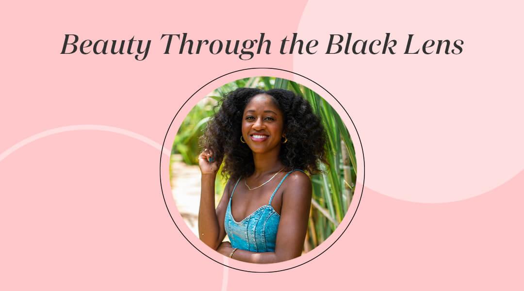 Image of Francesca Murray posing in a garden inside pink frame with black text Beauty Through the Black Lens Desktop