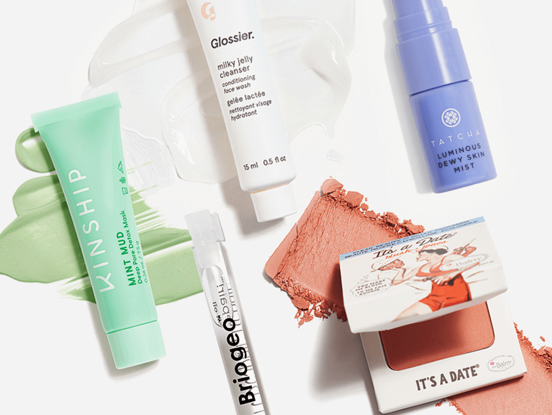 Makeup, skincare, and hair care products from the November 2021 IPSY Glam Bag swatched on white background Desktop