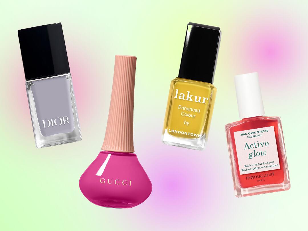 An image of four different nail polish shades from brands Gucci, Dior, lakur and Nail Care Effects all set against a pastel gradient background Desktop