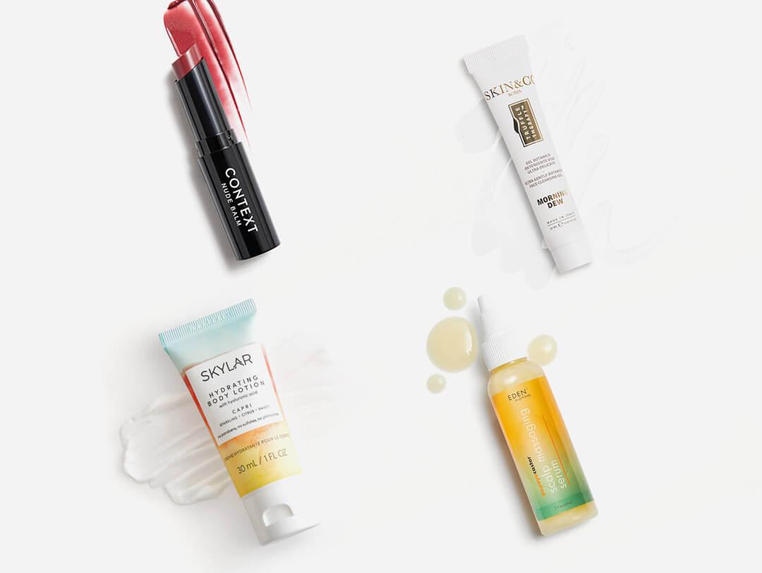 Four makeup, skincare, and hair care products from June 2021 IPSY Glam Bag swatched on white background Desktop
