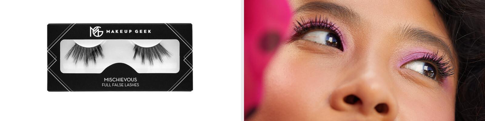 Best falsies from MAKEUP GEEK and a model wearing light pink eyeshadow and natural-looking falsies Desktop
