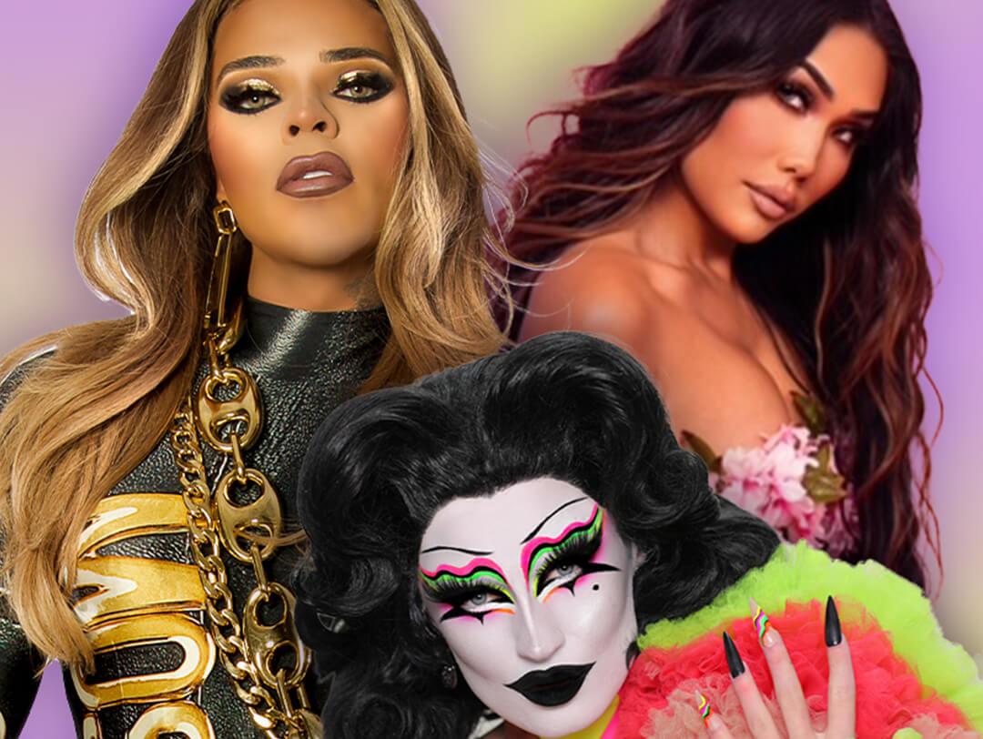 Close-up image of Vanessa Vanjie Mateo, Gottmik, and Gia Gunn on colorful background Desktop