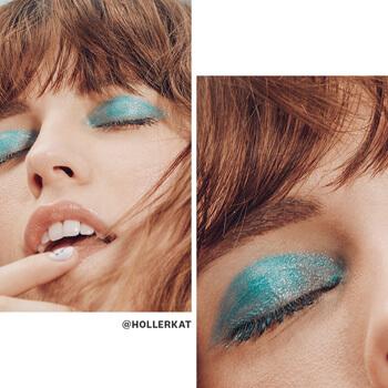 Model Katharina Holler showing an aquamarine eye makeup look Mobile