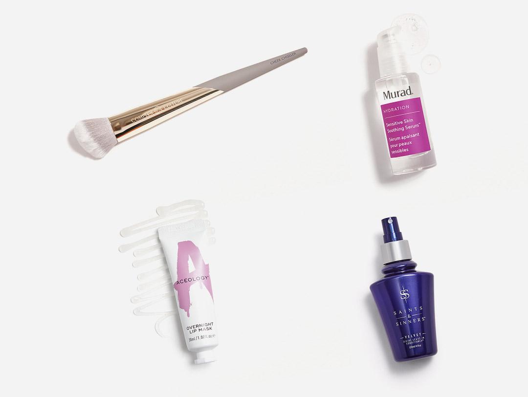 Skincare, hair care, and makeup products and tools swatched on white background Desktop