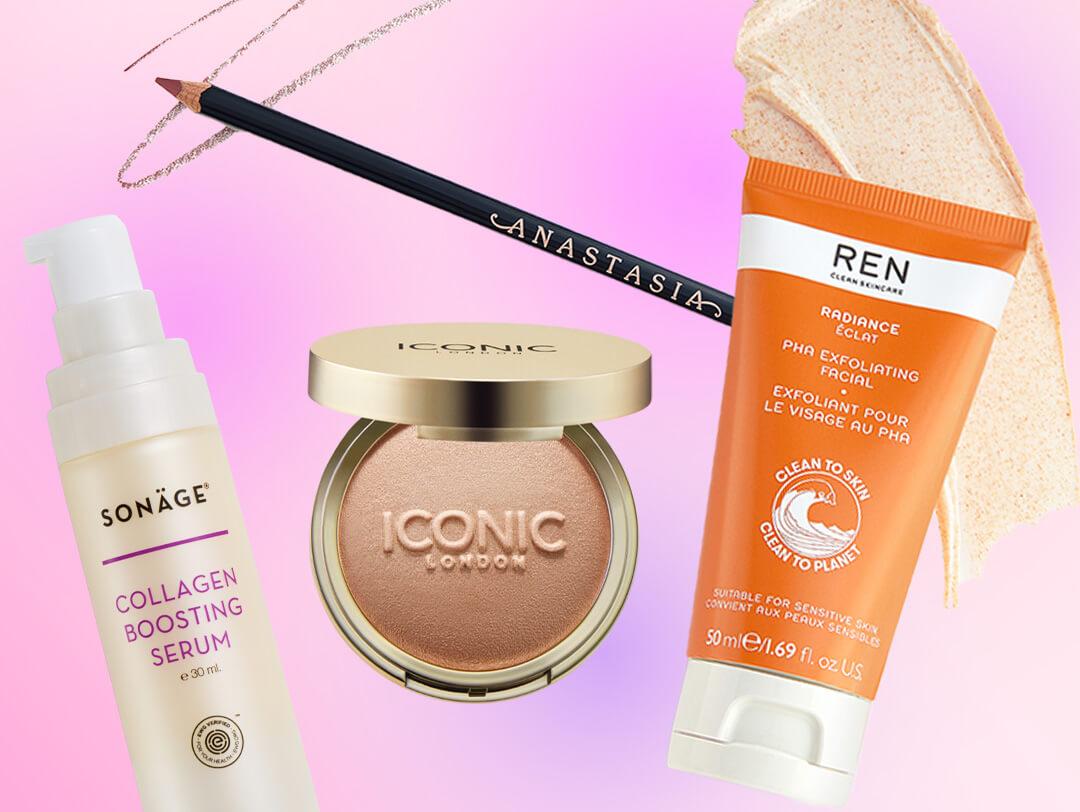 Skincare and makeup products from various brands on colorful background Desktop