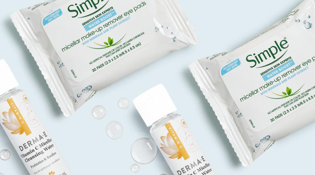 Two types of micellar water-based products from DERMA E and SIMPLE Desktop