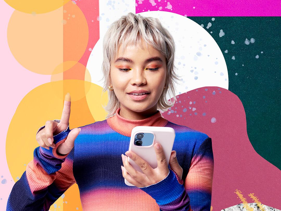 Woman using smartphone on graphic background Desktop