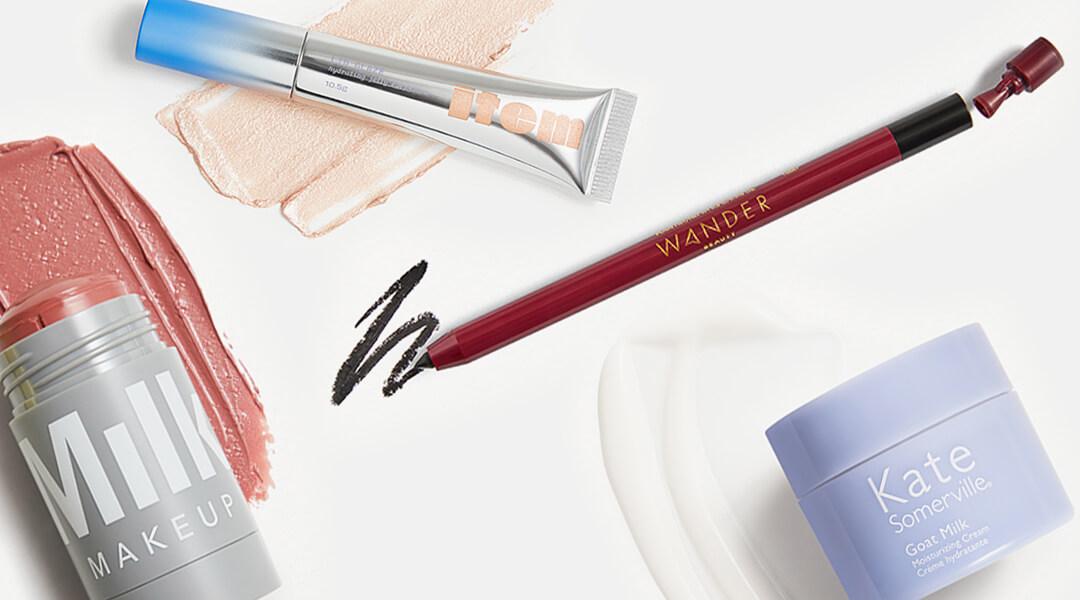 November 2020 IPSY Glam Bag Plus skincare and makeup products swatched on white background Desktop