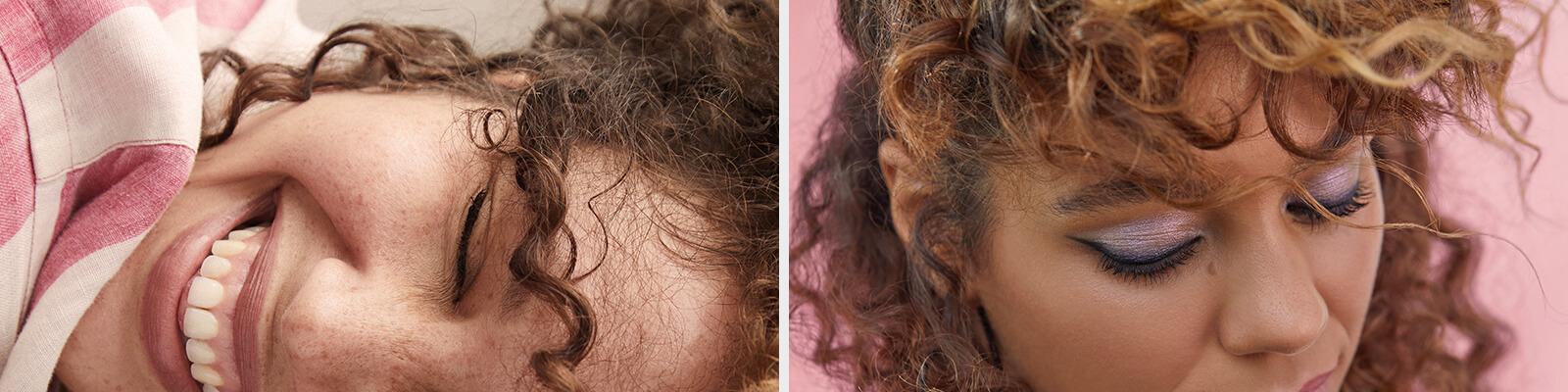 A closeup image of a model with curly hair smiling big and a closeup image of a model with curly hair wearing a lavender eye makeup look Desktop
