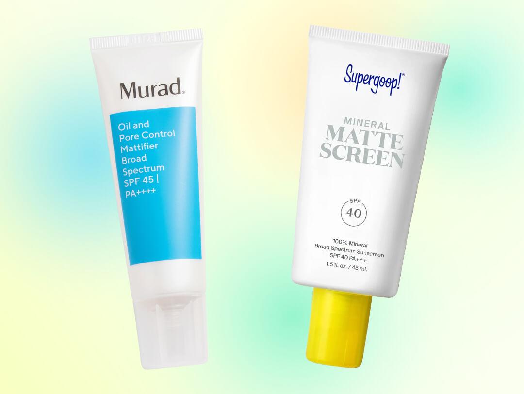 A flatlay photo of MURAD Acne Control Oil and Pore Control Mattifier Broad Spectrum SPF 45 | PA++++ and SUPERGOOP Mineral Mattescreen SPF 40 on a blue and yellow gradient background Desktop