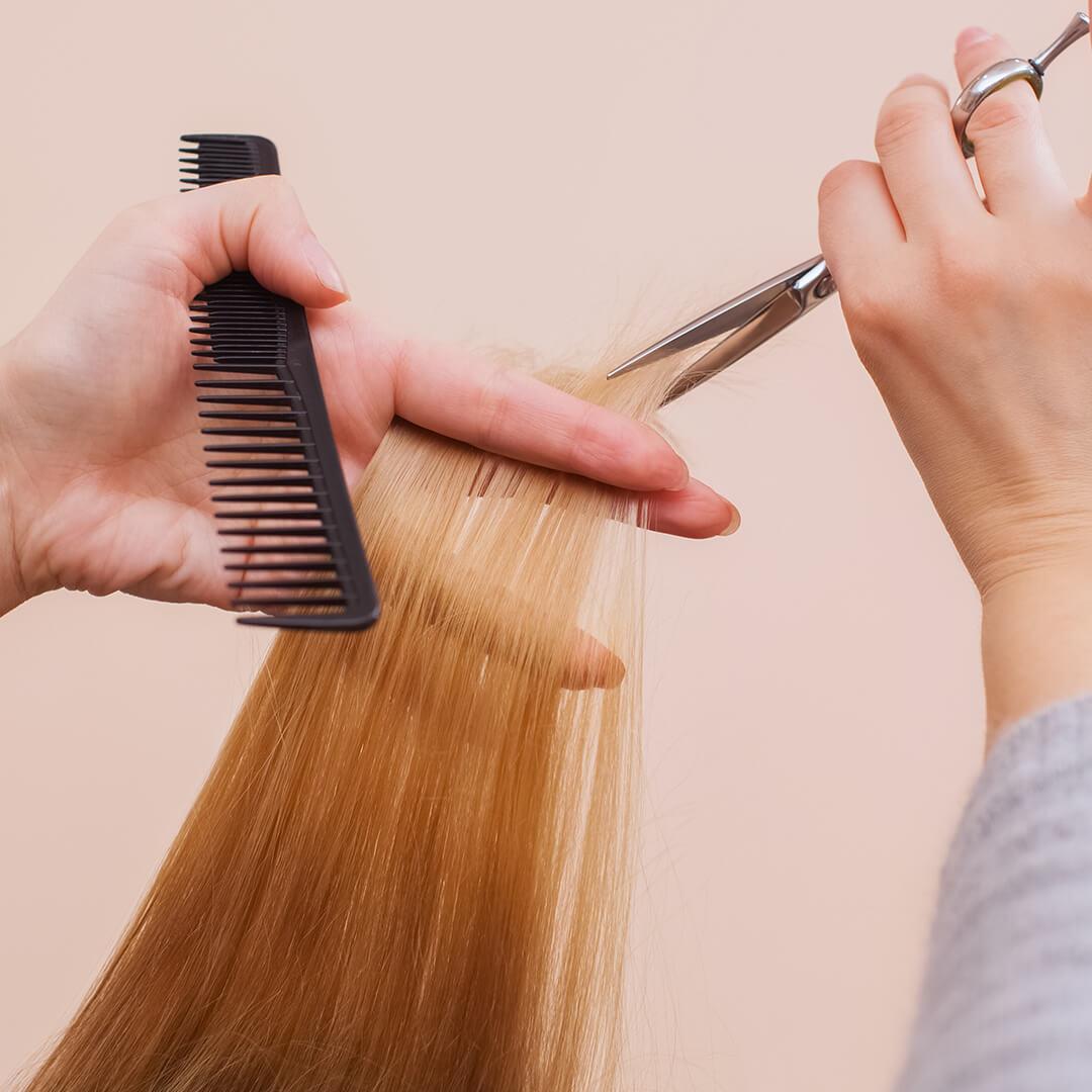 A photo of a model's hands trimming hair with a pair of scissors with a comb Desktop