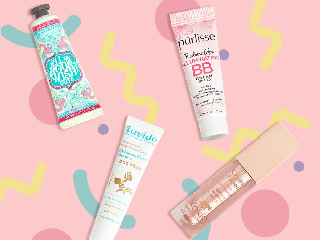 Image of a various makeup and skincare products on colorful, graphic background Desktop