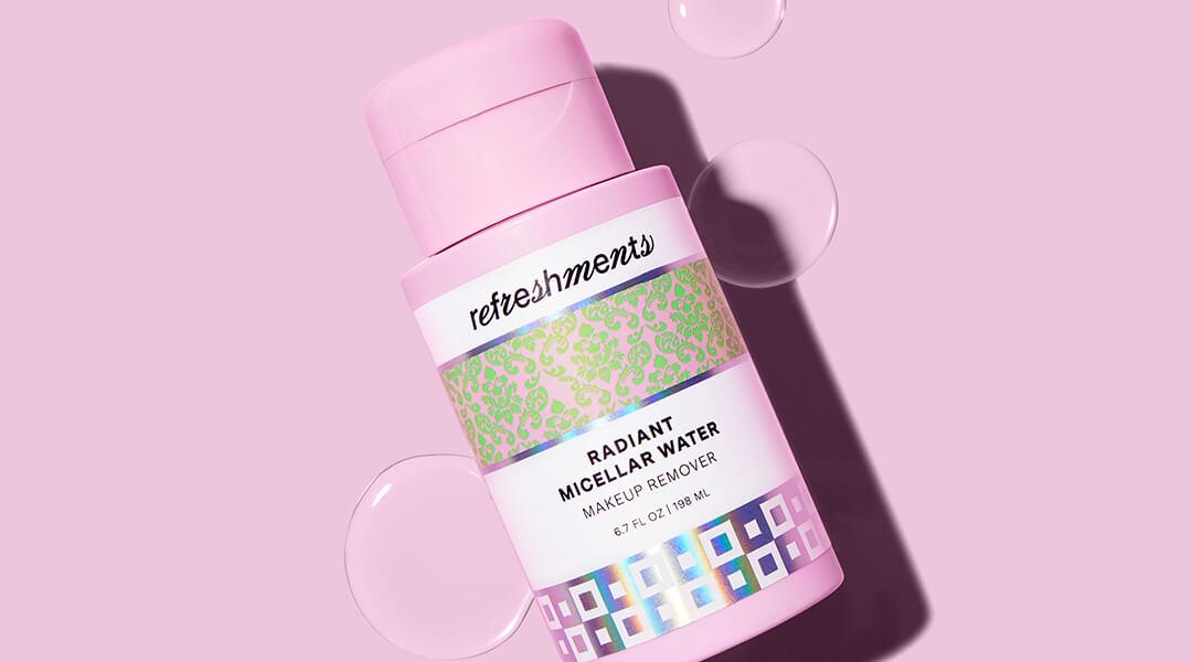 REFRESHMENTS Radiant Micellar Water on pink background Desktop