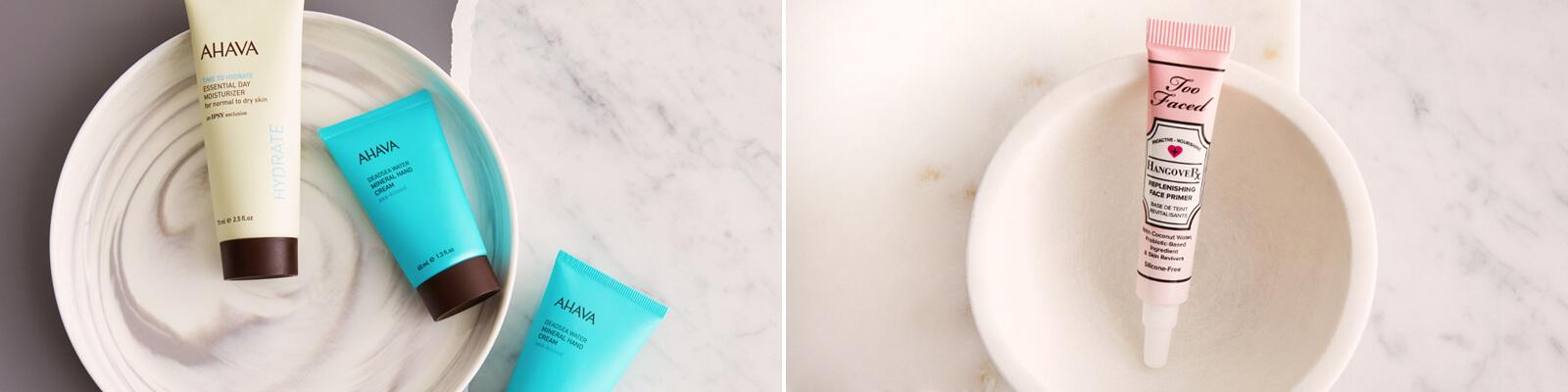An image of AHAVA Essential Day Moisturizer and Dead Sea Water Mineral Hand Cream and another image of TOO FACED COSMETICS Hangover Replenishing Face Primer Desktop