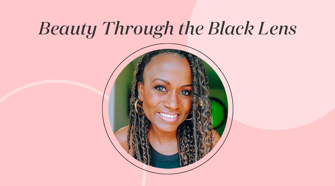 Portrait of Danielle Wade inside pink frame with black text Beauty Through the Black Lens Desktop
