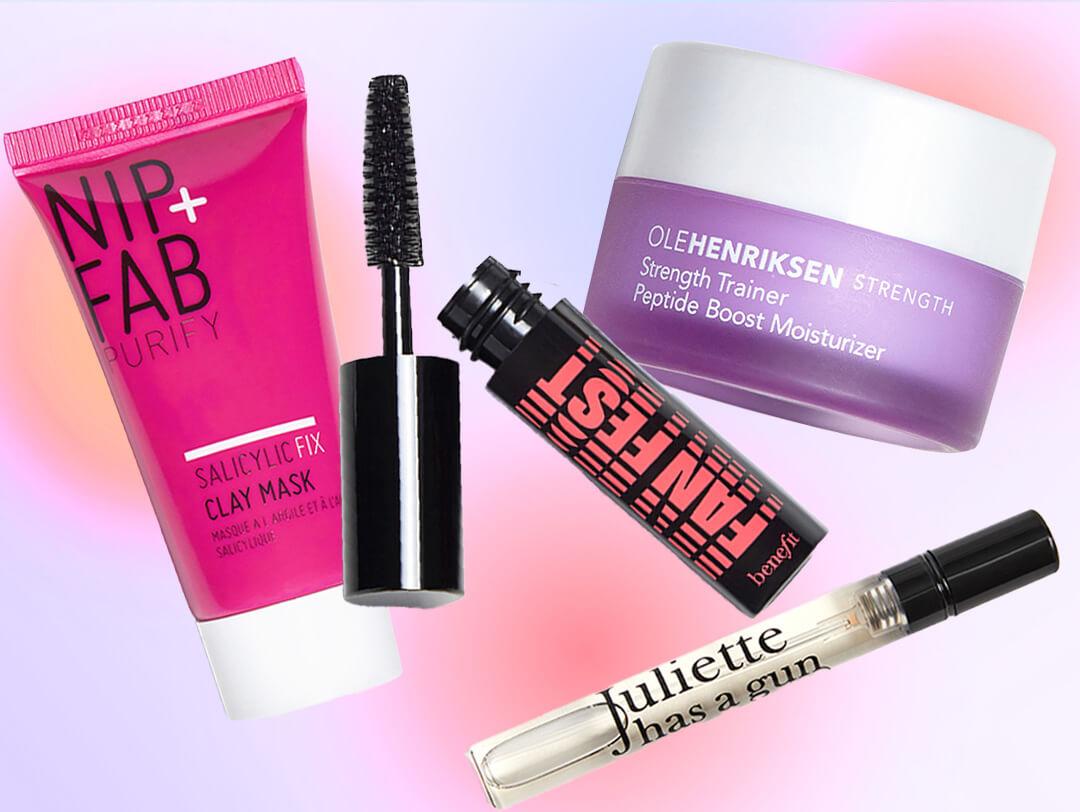 Makeup and skincare beauty products from the September 2024 IPSY Glam Bag on gradient background Desktop