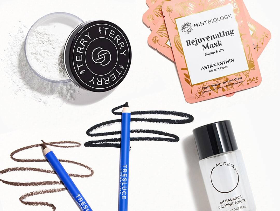 Makeup and skincare products from BY TERRY, TRESLÚCE BEAUTY, MINTBIOLOGY, and PURE'AM swatched on white background Desktop