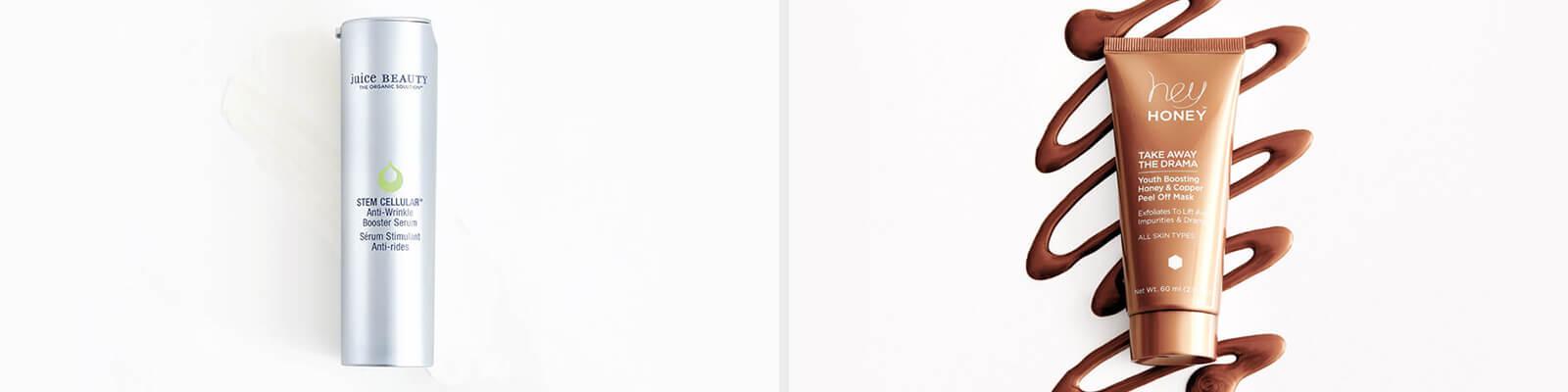 An image of JUICE BEAUTY Stem Cellular Anti-Wrinkle Booster Serum and an image of HEY HONEY Take Away The Drama Youth Boosting Honey & Copper Peel Off Mask Desktop