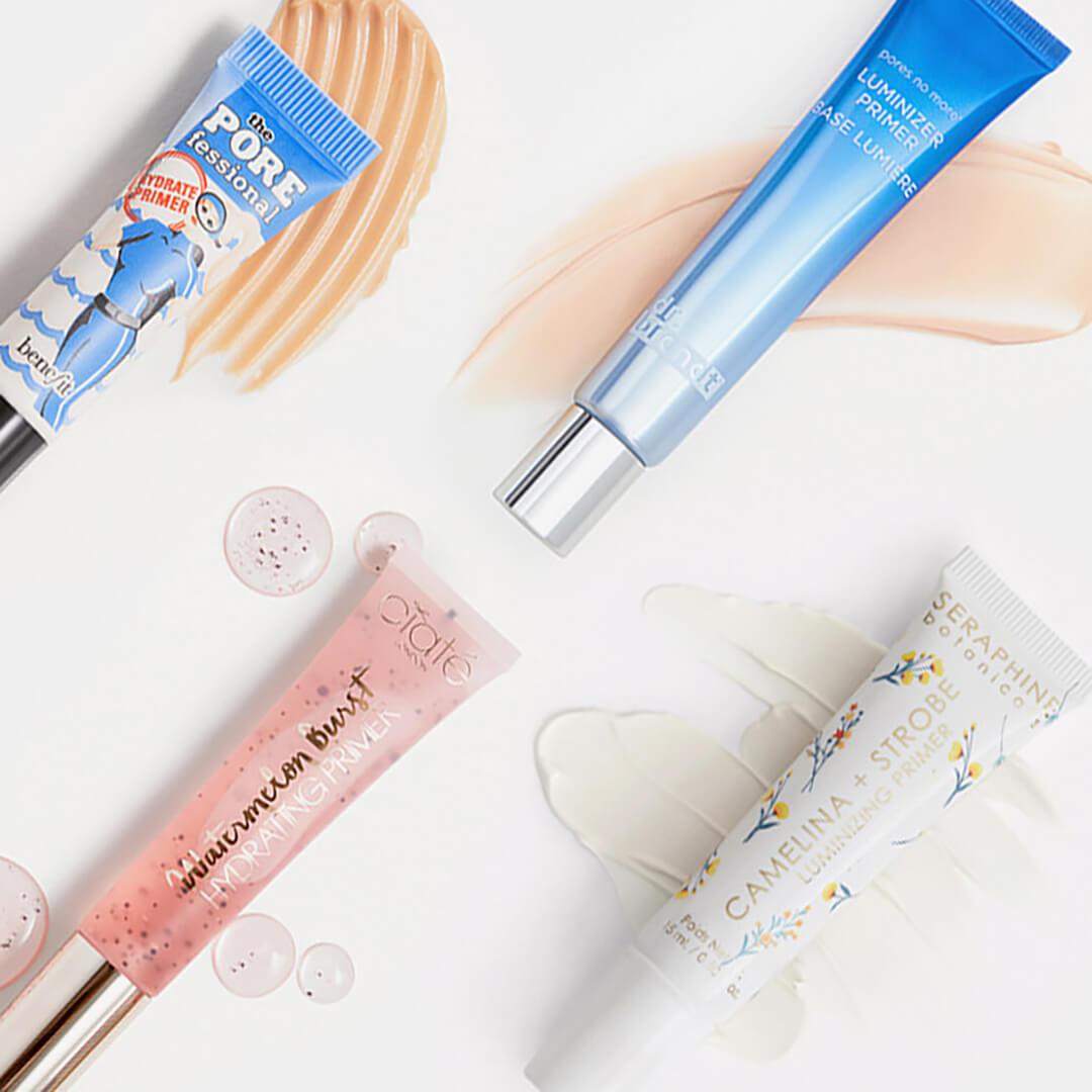 Image of different hydrating primers swatched on white surface Mobile