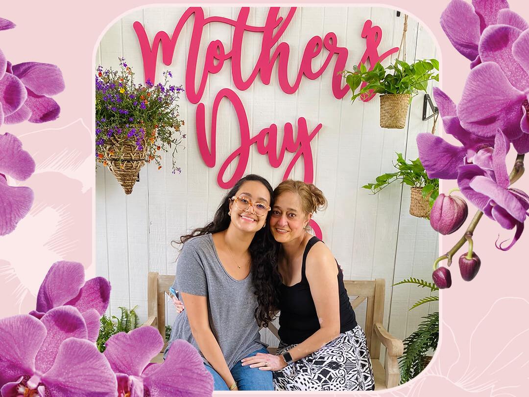 Image of Rita Labib and her mother inside colorful graphic floral frame Desktop