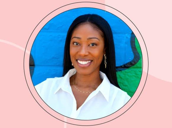 Portrait of Stephanie Anyakwo against blue and green graphic wall inside pink frame with black text Beauty Through the Black Lens Desktop