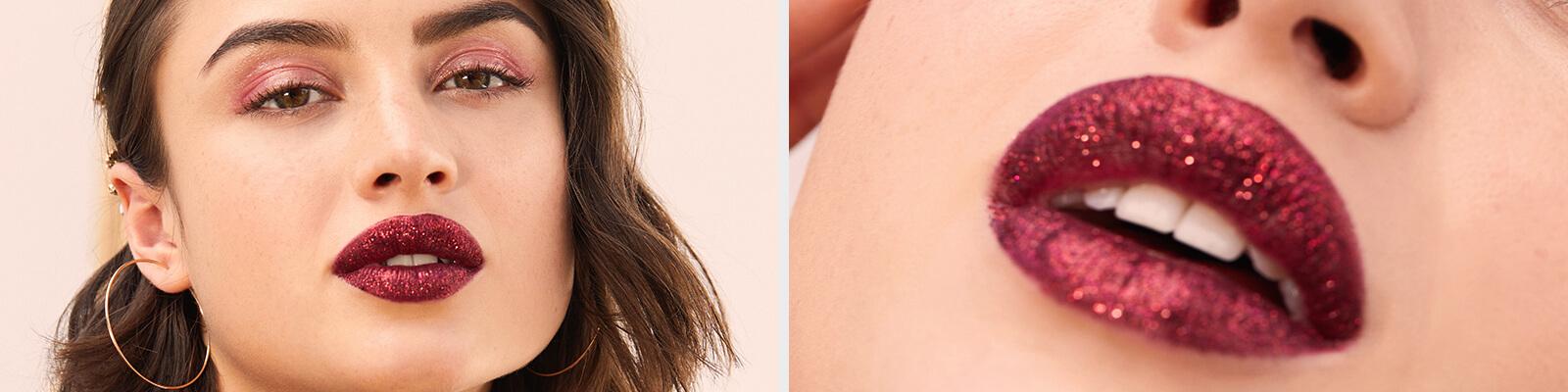 A closeup image of a model wearing shimmery pink eyeshadow and glittery berry lipstick and closeup image of model's lips with glittery berry lipstick Desktop