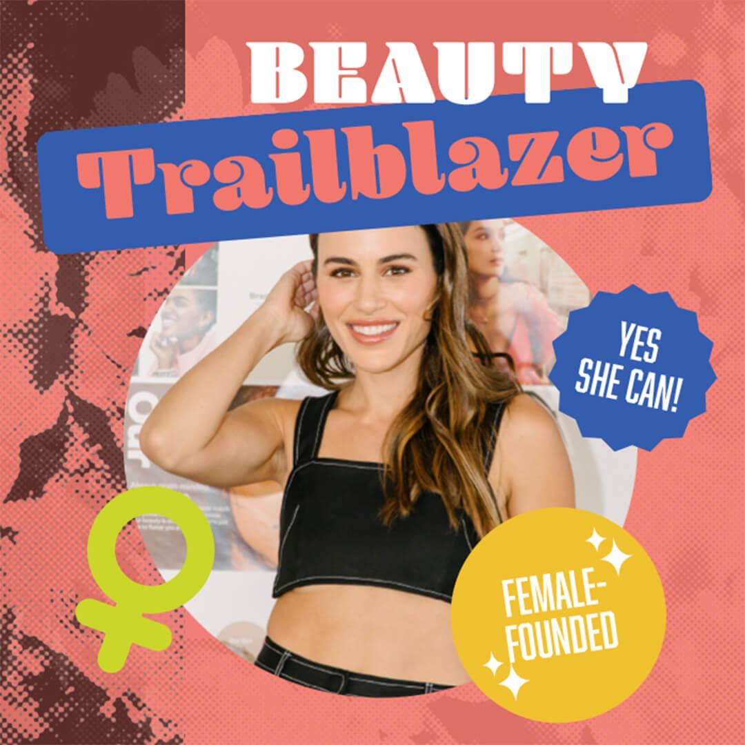 Profile image of Sheena Yaitanes in colorful, graphic frame with text Beauty Trailblazers Desktop
