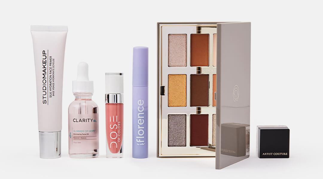 December 2020 IPSY Glam Bag Ultimate skincare and makeup products on white background Desktop