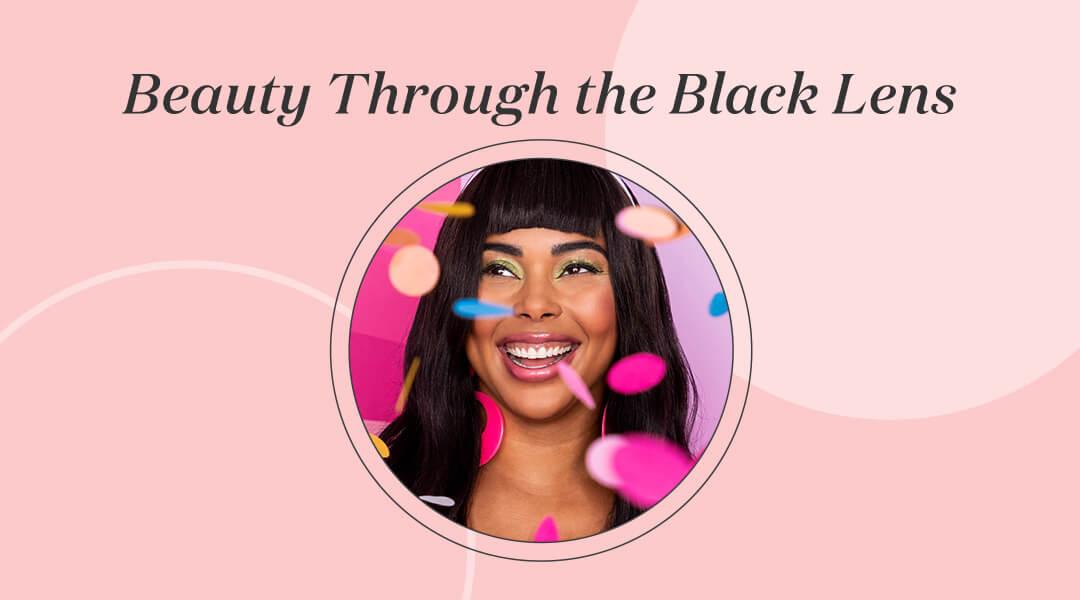 Profile image of a smiling Tabria Majors with colorful confetti inside pink frame with black text Beauty Through the Black Lens Desktop