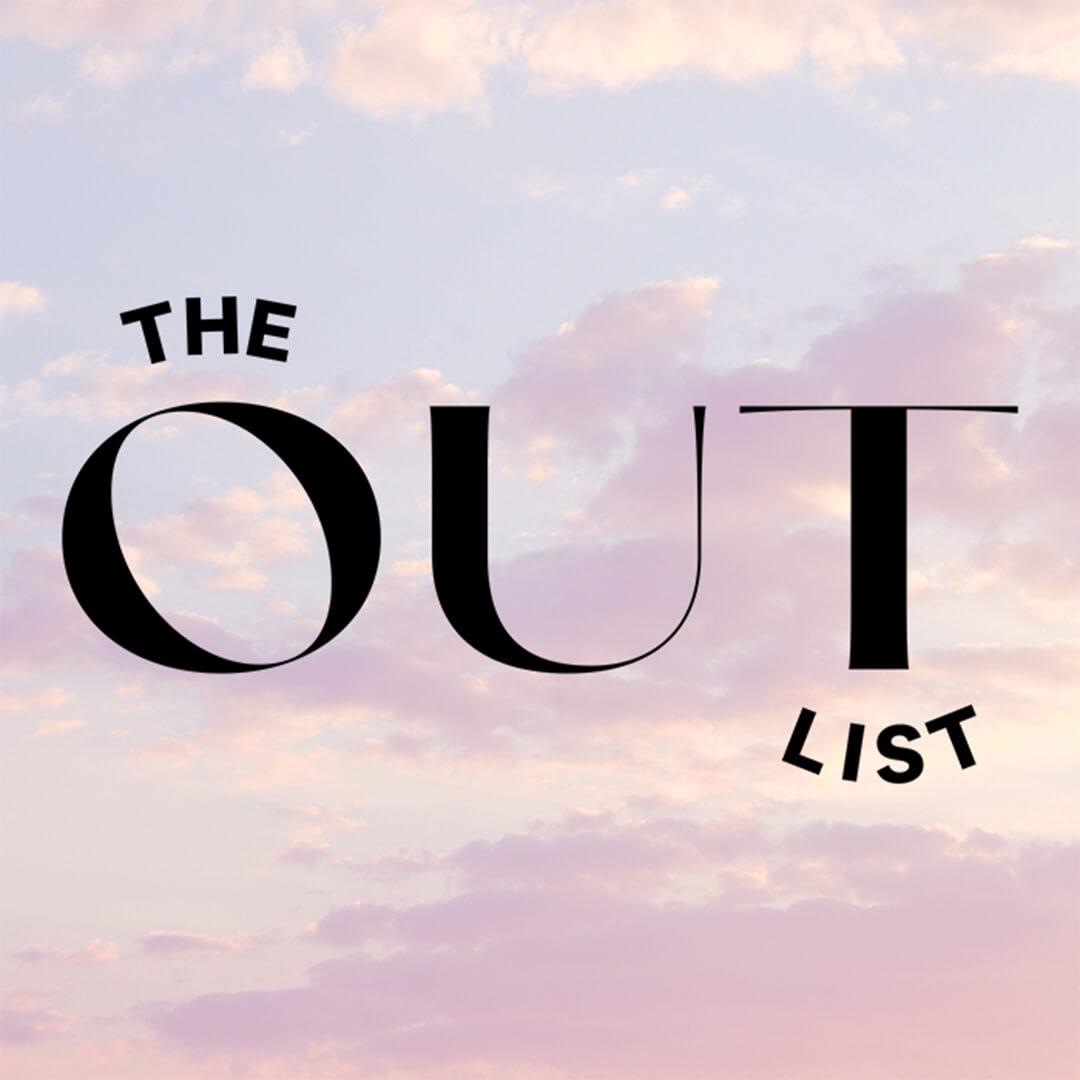 Black text "THE OUT LIST" on sunset sky and clouds background Desktop