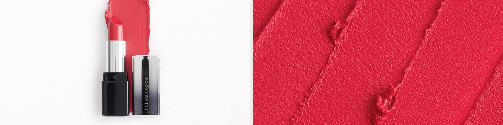 An image of ILLAMASQUA Antimatter Lipstick in Solar and a swatch image of ILLAMASQUA Antimatter Lipstick in Solar Desktop