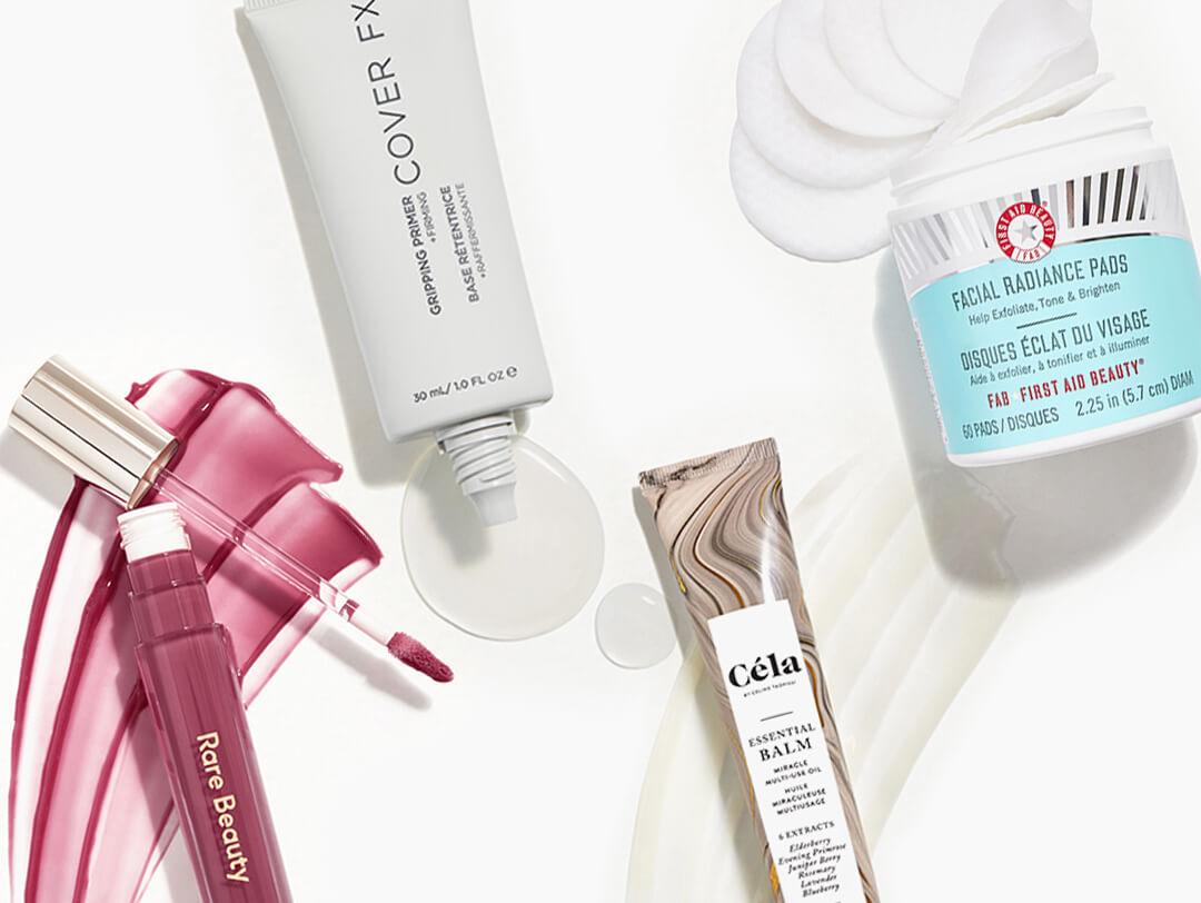 Makeup and skincare products from the November 2021 Glam Bag X swatched on white background Desktop