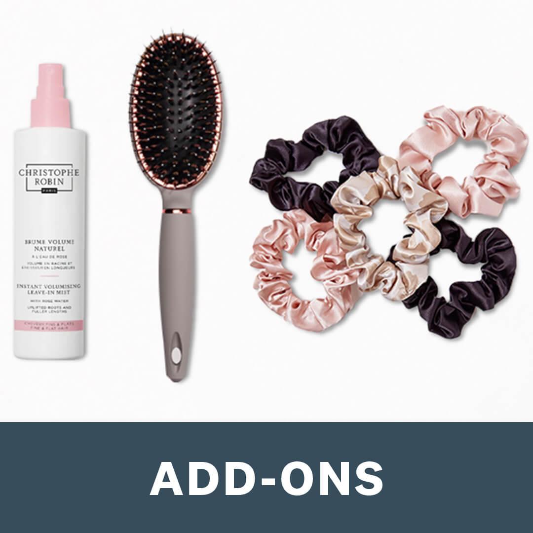 CHRISTOPHE ROBIN Instant Volumizing Leave-In Mist, COMPLEX CULTURE Vegan Boar Bristle Oval Paddle Brush, and KITSCH Assorted Satin Sleep Scrunchies Desktop
