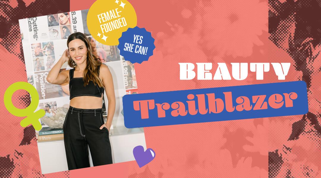 Profile image of Sheena Yaitanes in a graphic colorful frame with text Beauty Trailblazers Desktop