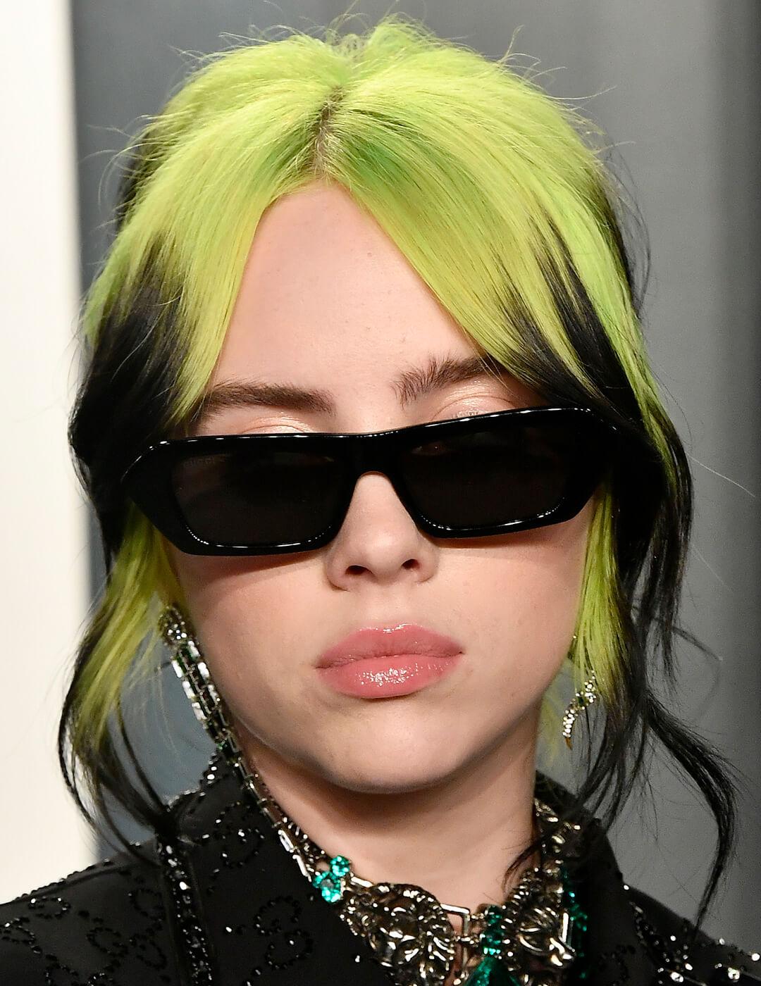 A photo of Billie Eilish with her iconic green skunk hair Mobile