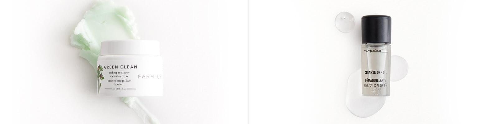 An image of FARMACY Green Clean Makeup Meltaway Cleansing Balm and an image of M•A•C Cleanse Off Oil Desktop