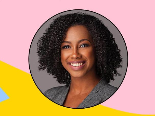 Close-up of Dr. Afiya Mbilishaka inside colorful frame with black text Beauty Through the Black Lens Desktop