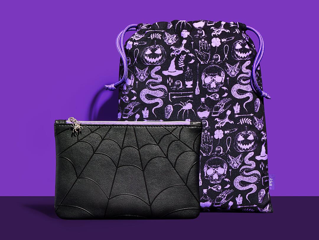 October 2022 IPSY Glam Bag and Glam Bag Plus bags on dark purple background Desktop