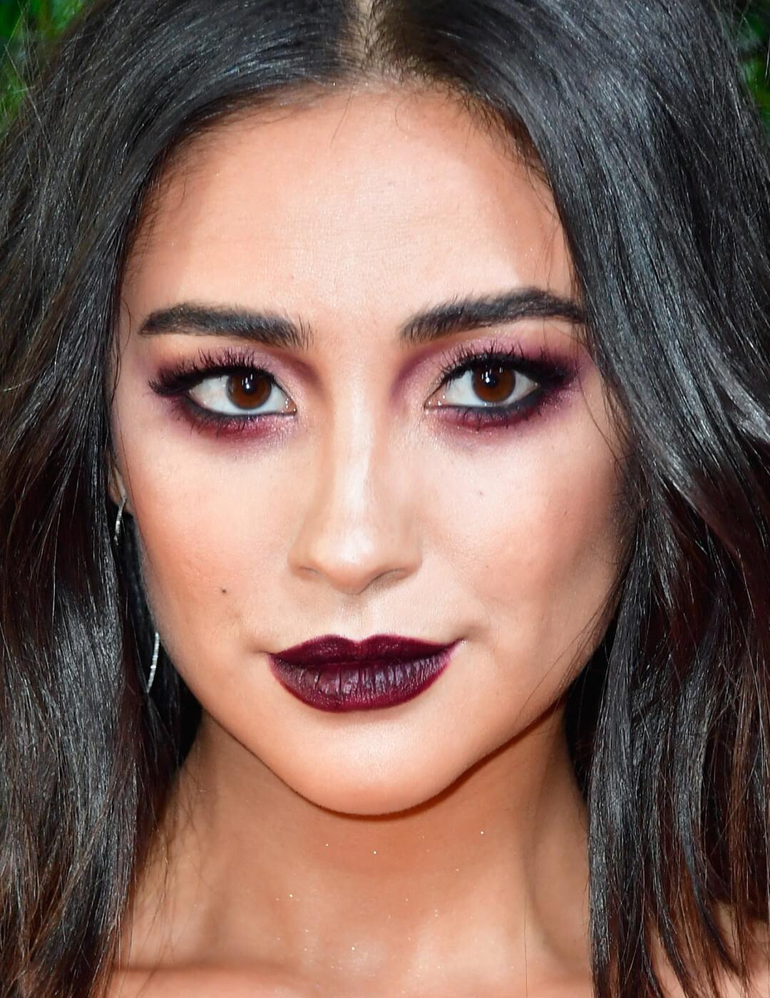 Shay Mitchell rocking a dark berry smoky eyeshadow and dark berry lips makeup look Desktop