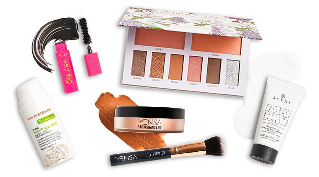 Image of various IPSY September Glam Bag Plus skincare and makeup products and tools Desktop