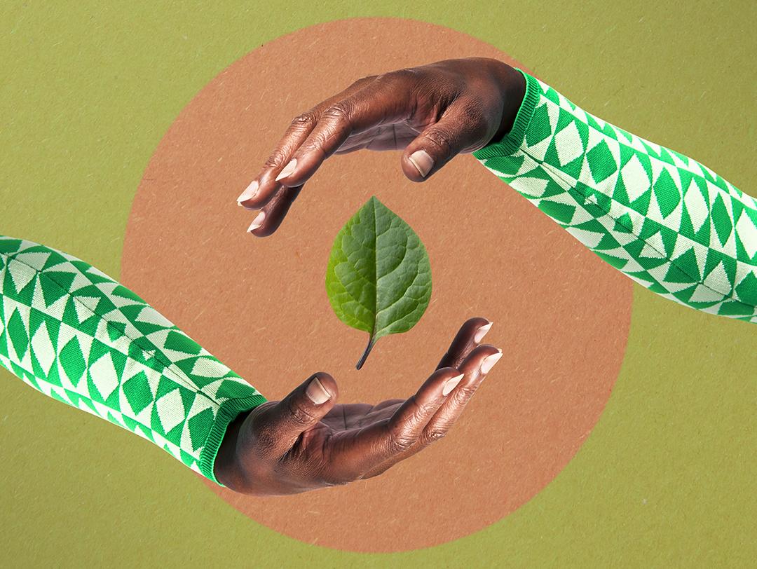 Organic, healthy concept with hands surrounding leaf against green background Desktop