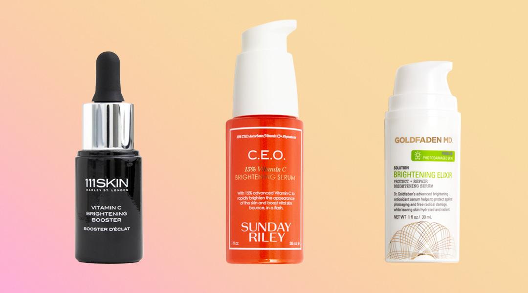 A flatlay of different dark spot correcting products on a pink and peach gradient background Desktop