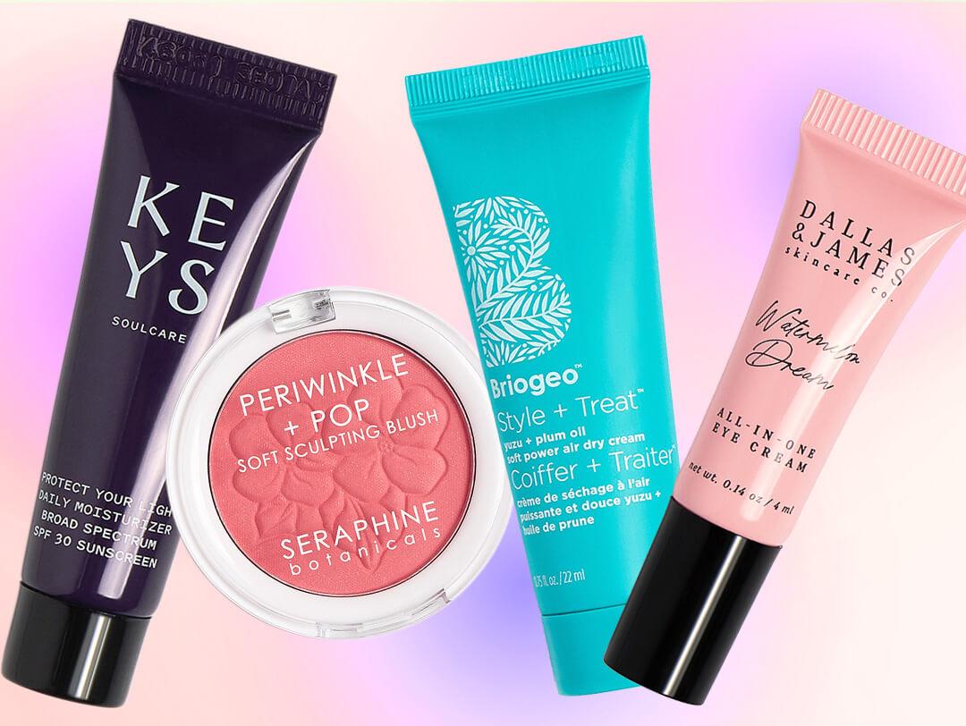 Choice products from the July 2024 IPSY Glam Bag on ombre background Desktop