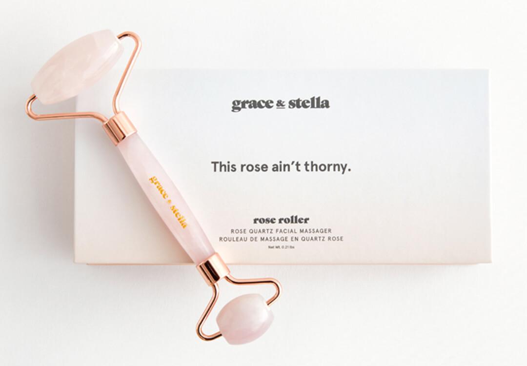An image of GRACE & STELLA Rose Quartz Facial Roller. Desktop
