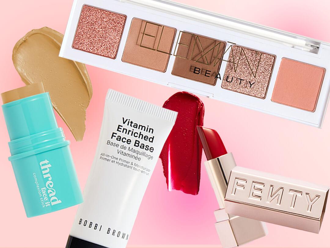 Makeup and skincare beauty products from the October 2024 IPSY Glam Bag on gradient background Desktop
