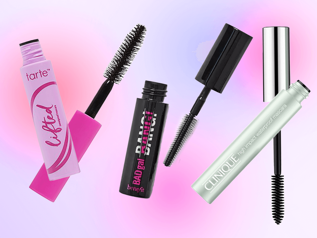 An image featuring open mascara tubes with varied brush types set against a gradient pink background Desktop